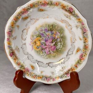 6 C.T. GERMANY (Carl Tielsch) Berry Bowls Purple Iris Yellow Roses Gold Rim